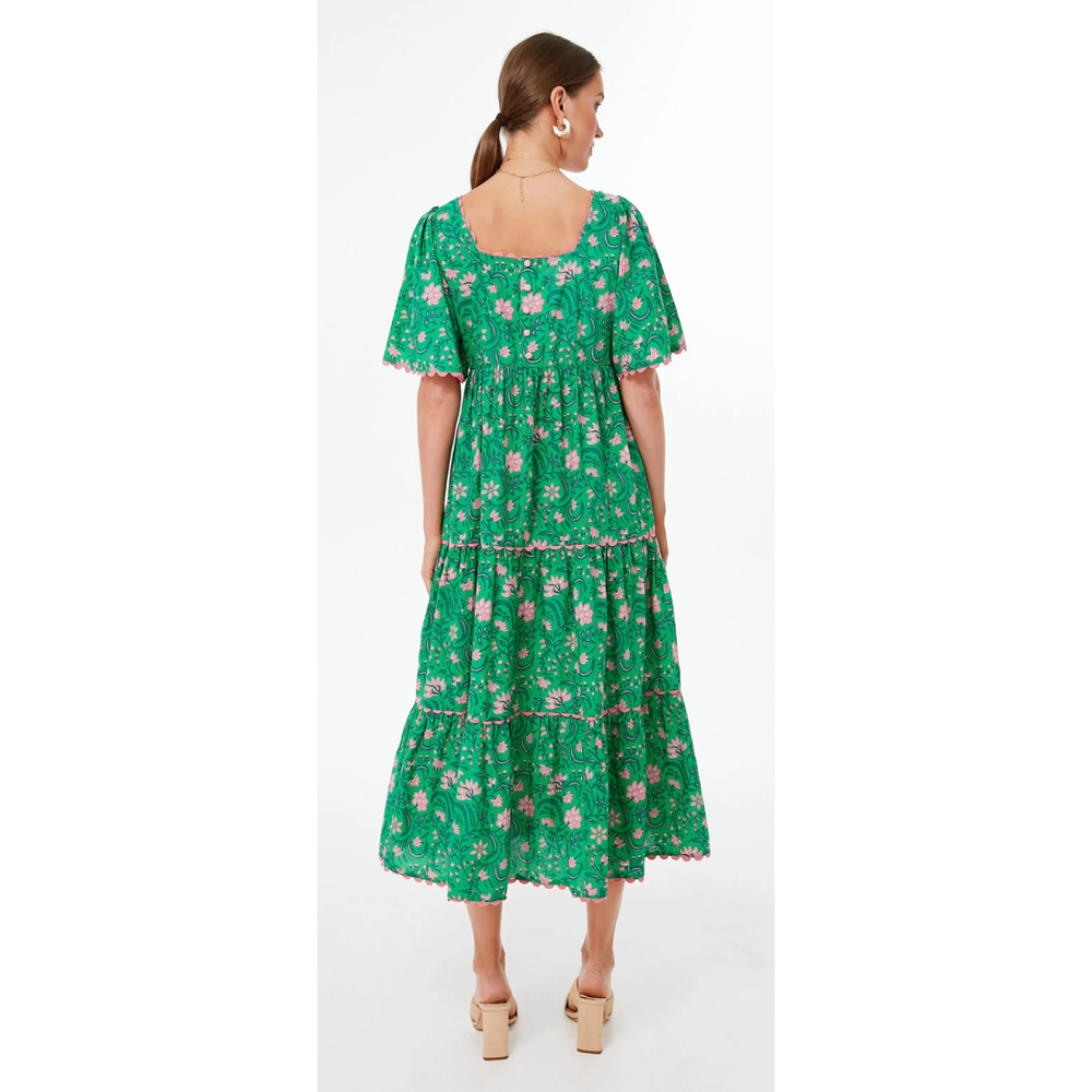 Pink City Prints Tuckernuck Green Forest Rose Maisie Midi Block Print Dress XS - Picture 5 of 11